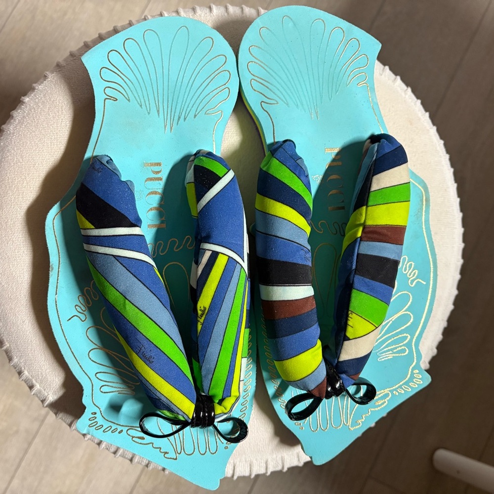 Emilio Pucci Blue and Green Striped Sandals